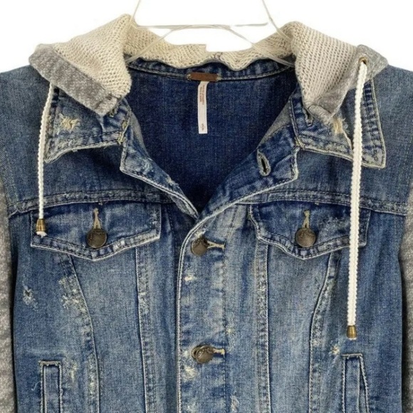 Free People Womens Jean Jacket Hoodie Blue Gray Distressed, Size XS - Picture 4 of 9